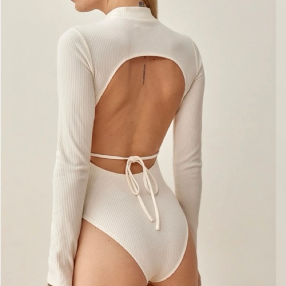 Reformation Jacques Cream Longsleeve Ribbed Turtleneck Bodysuit